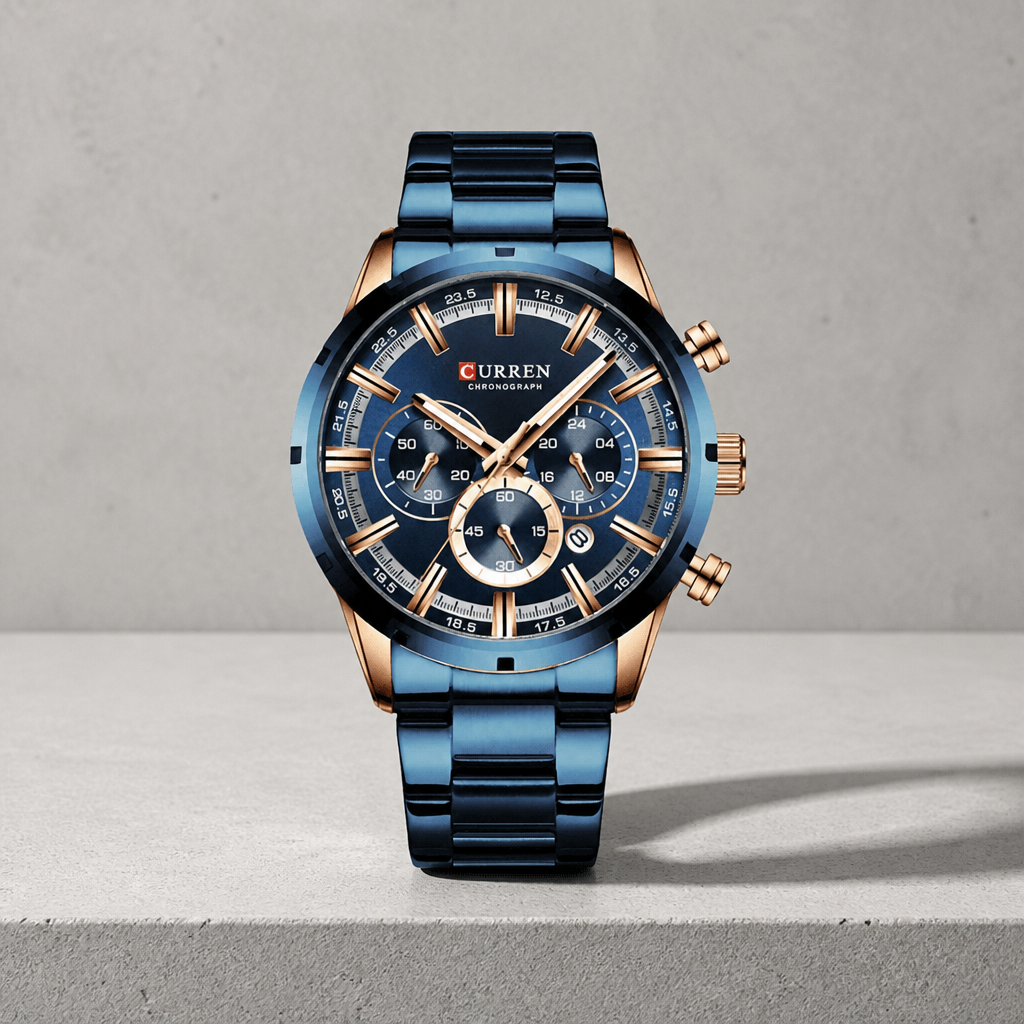 Grosse montre homme ronde chronographe bleue et or rose sur dalle de béton