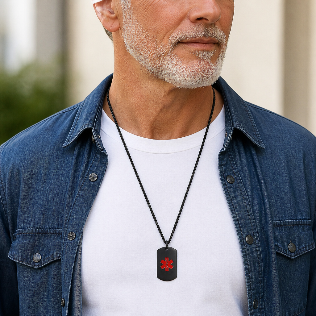 collier médical alerte homme acier noir porté symbole rouge