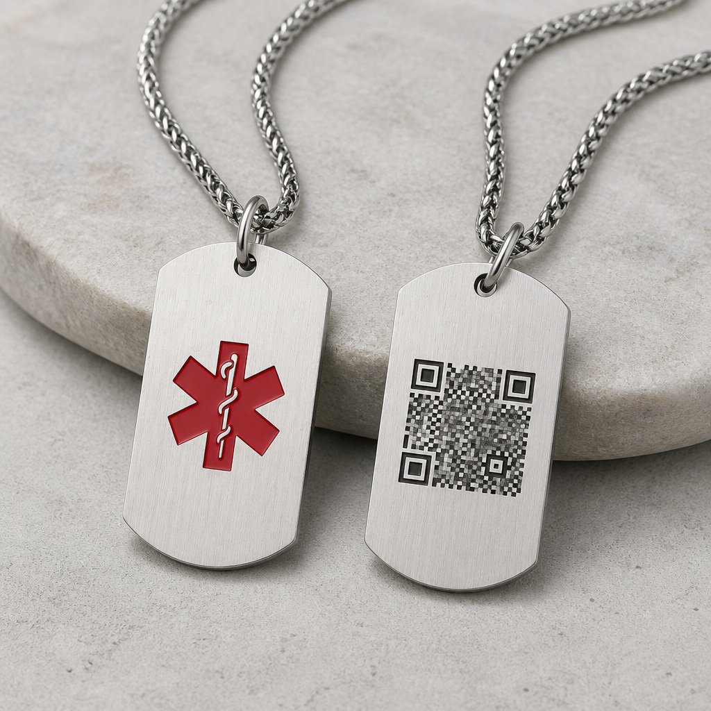 collier médical acier argent deux faces symbole étoile de vie et QR code gravé