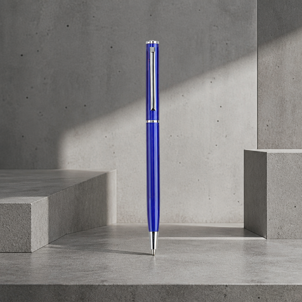 Joli stylo homme en métal fin bleu à bille, clip argenté