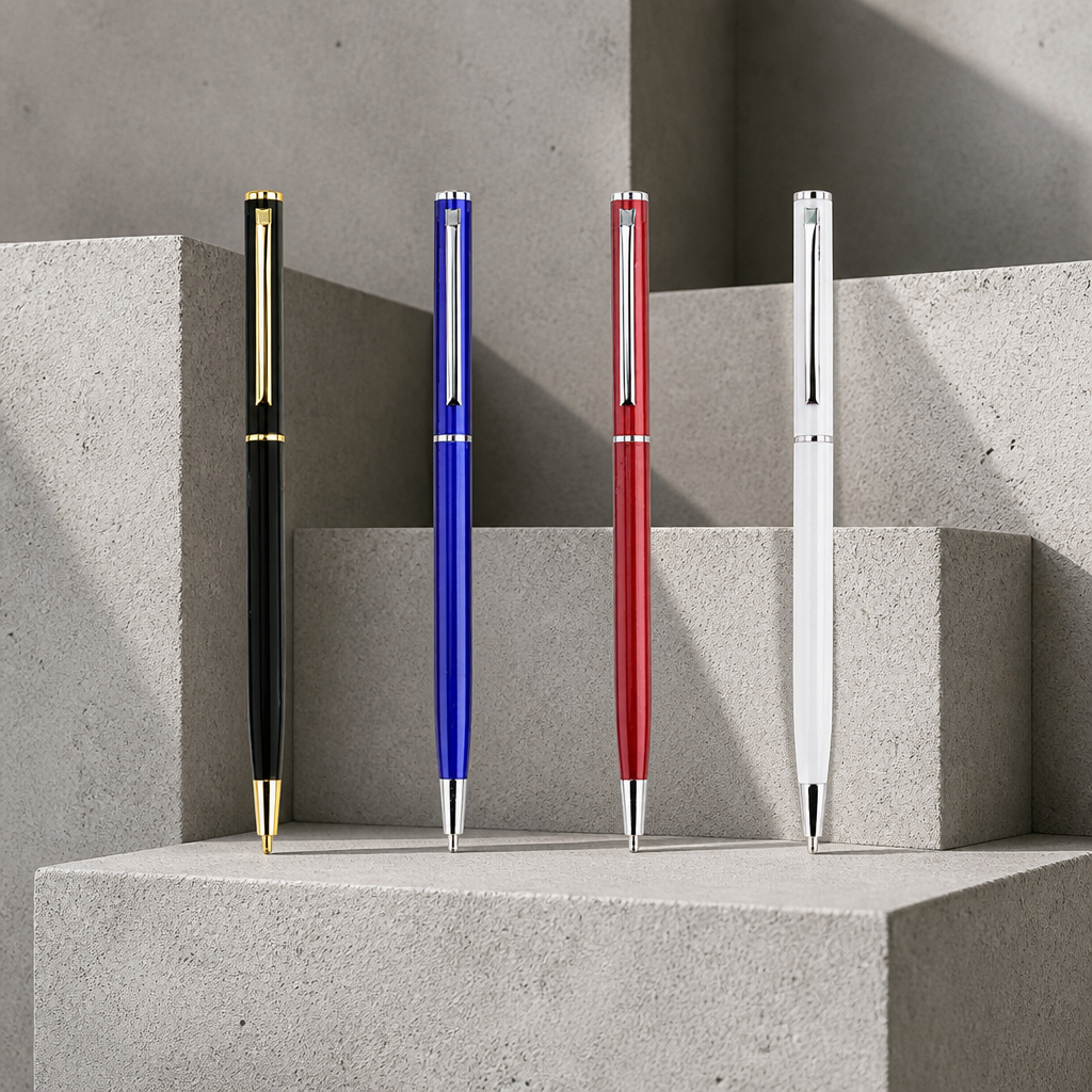 Quatre stylos homme en métal fin : noir, bleu, rouge et blanc