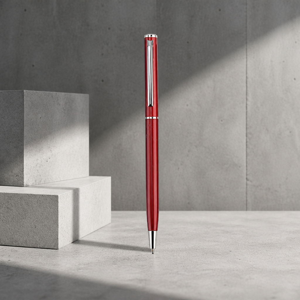 Joli stylo homme en métal fin rouge à bille, clip argenté