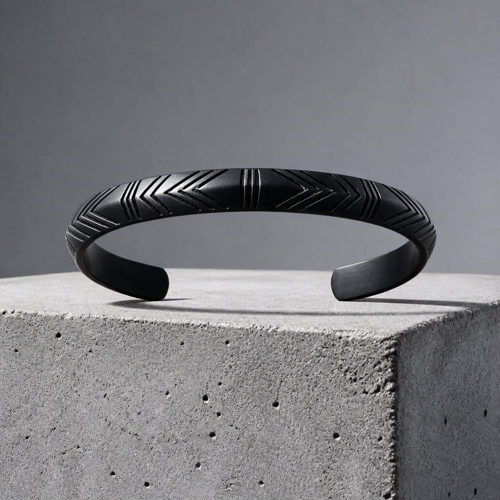 Jonc bracelet homme en acier noir gravé de chevrons, posé sur un bloc de béton