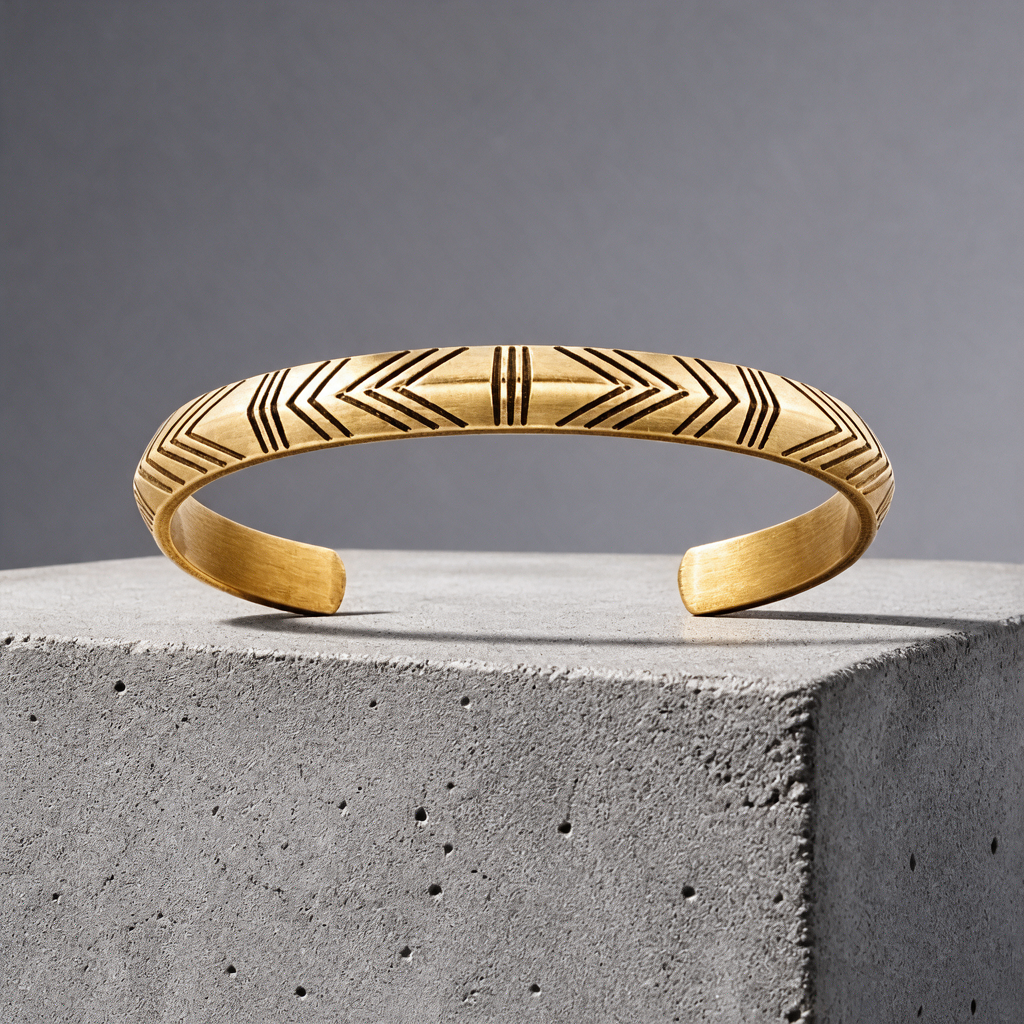 Jonc bracelet homme en acier doré gravé de chevrons, posé sur un bloc de béton