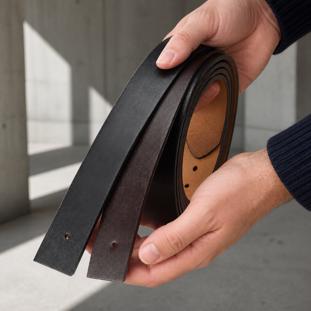 Homme tenant les deux lanières de ceinture en cuir, noire et marron, avant d'y monter sa boucle