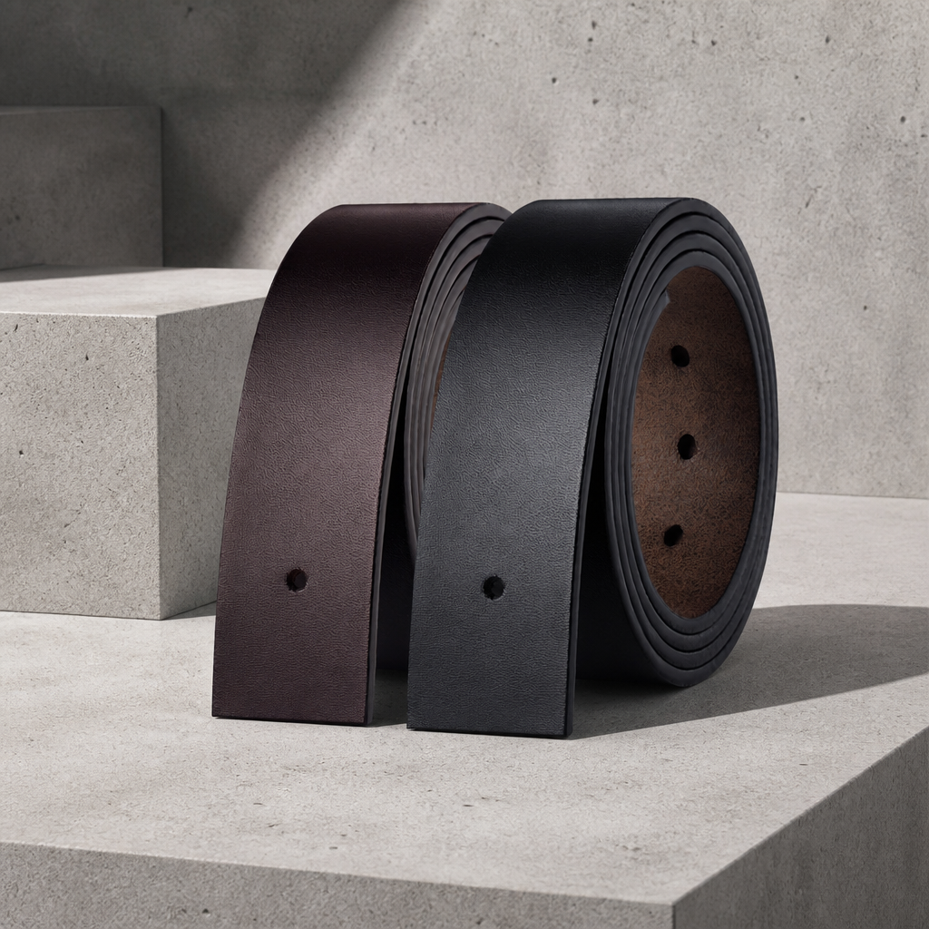 Les deux teintes de la lanière de ceinture en cuir, marron et noire, côte à côte