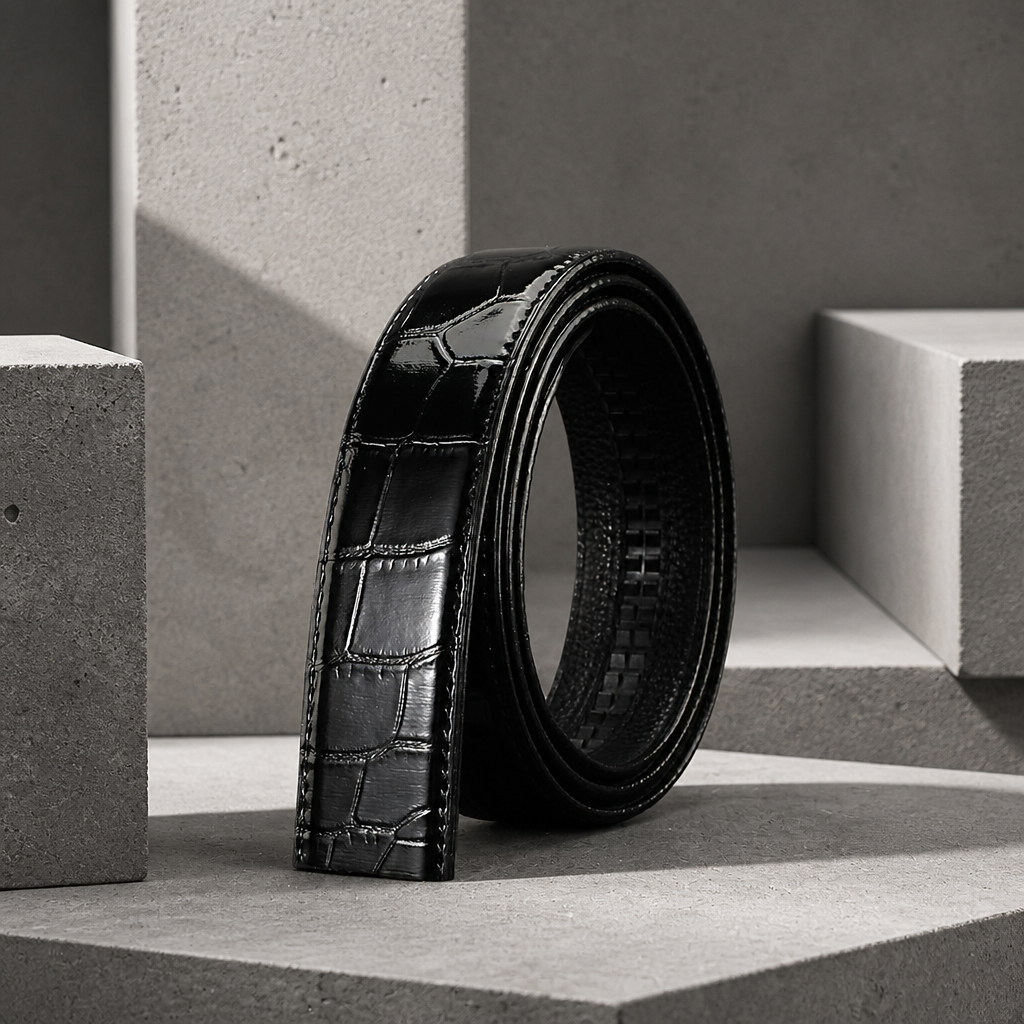 Lanière de ceinture automatique pour homme, sangle noire au grain façon reptile, vendue sans boucle