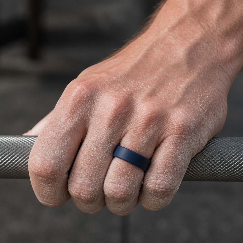 Bague en silicone bleu marine au doigt d'un homme qui saisit une barre de musculation