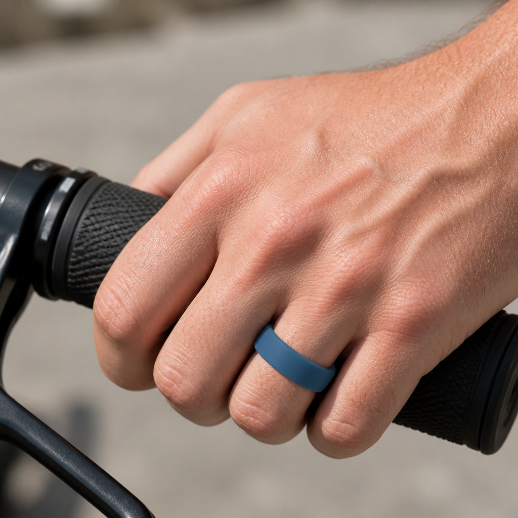 Bague en silicone bleu pétrole à l'annulaire d'un homme qui tient un guidon de vélo