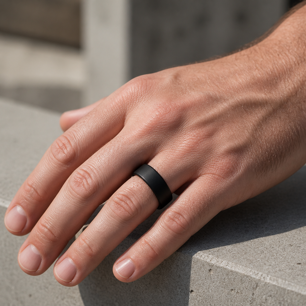 Bague silicone homme noire portée à l'annulaire, main posée sur du béton