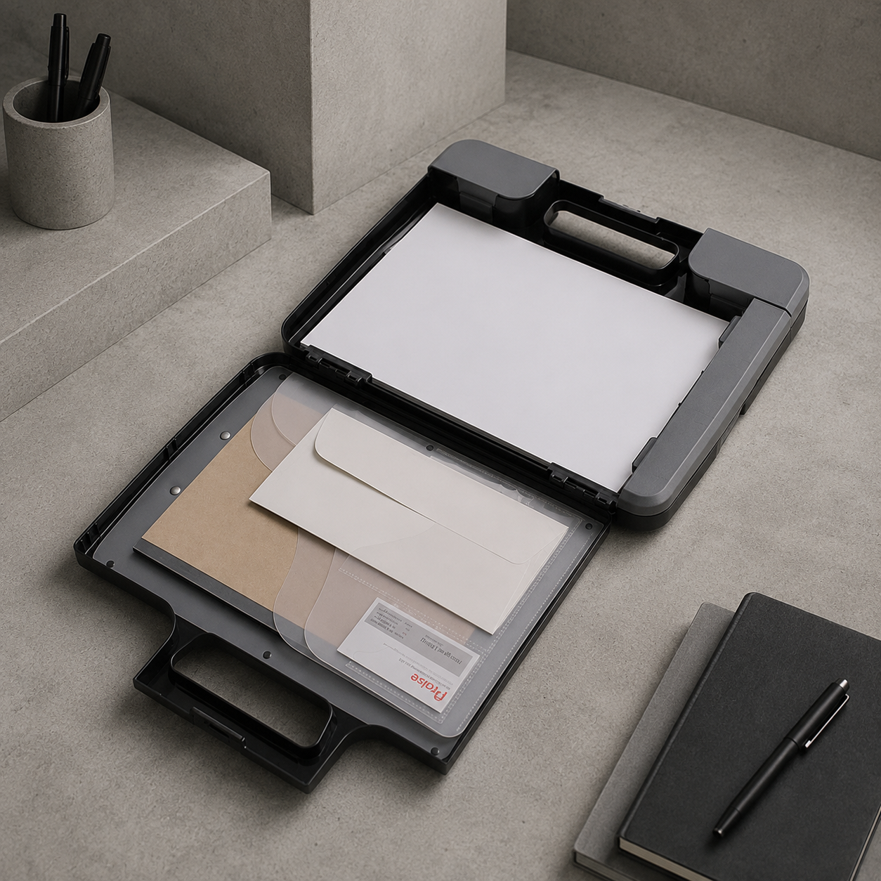 Mallette porte-document A4 ouverte sur un bureau, feuilles A4 sous la pince et courriers rangés