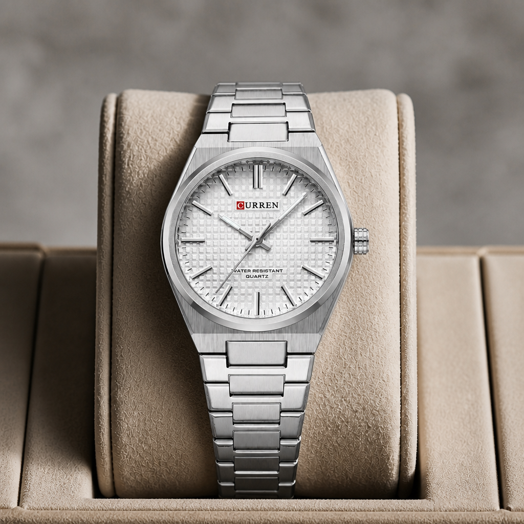 Montre homme ronde en acier à cadran blanc présentée dans son écrin en cuir beige
