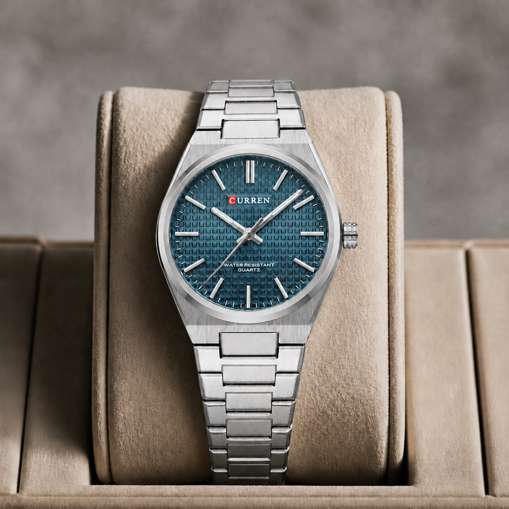 Montre homme ronde en acier à cadran bleu présentée dans son écrin en cuir beige