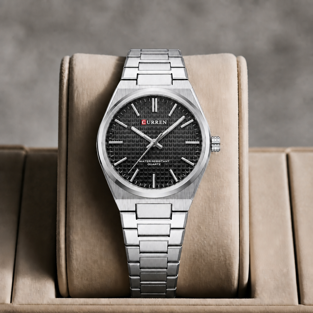 Montre homme ronde en acier à cadran noir présentée dans son écrin en cuir beige