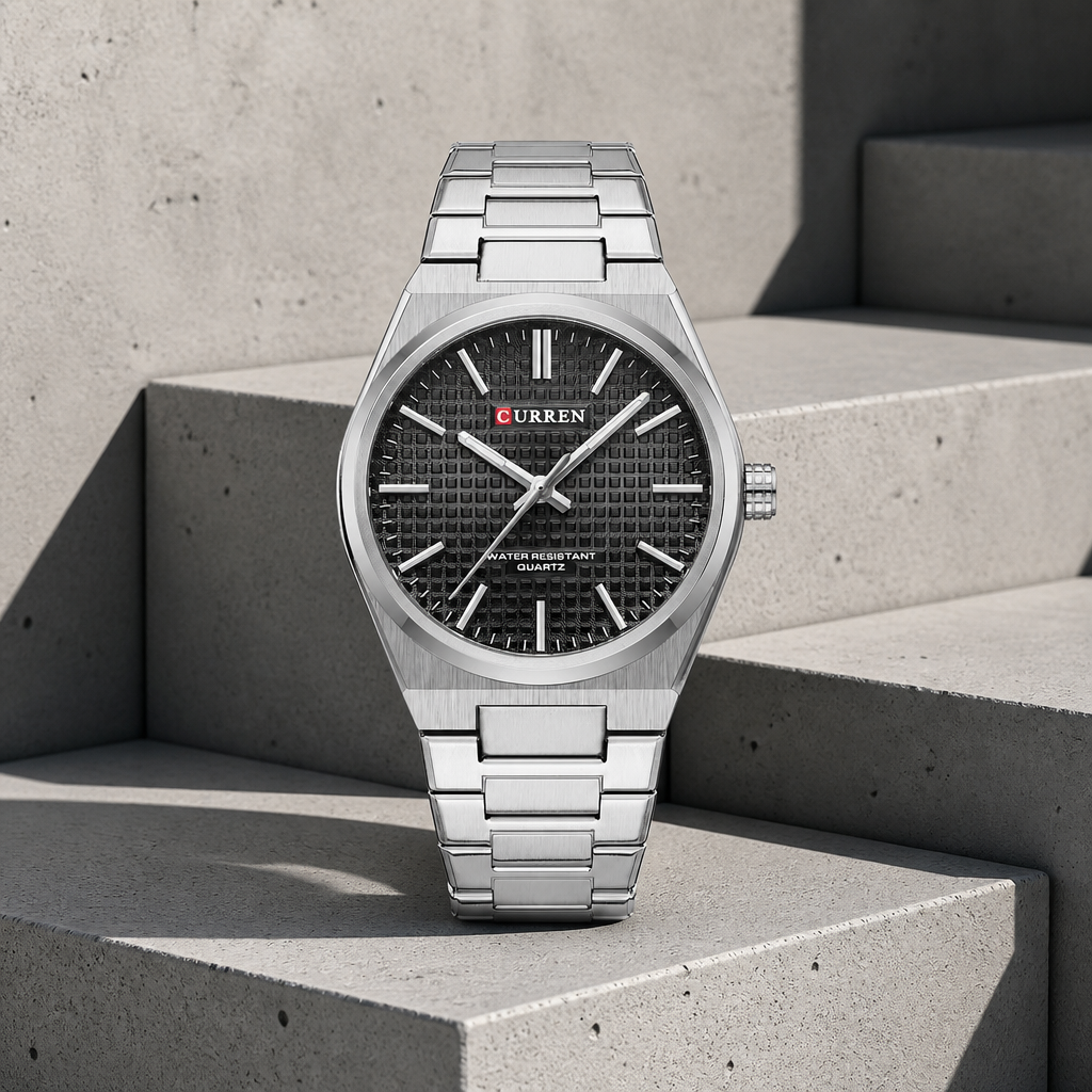 Montre homme ronde en acier au cadran noir texturé, posée sur du béton