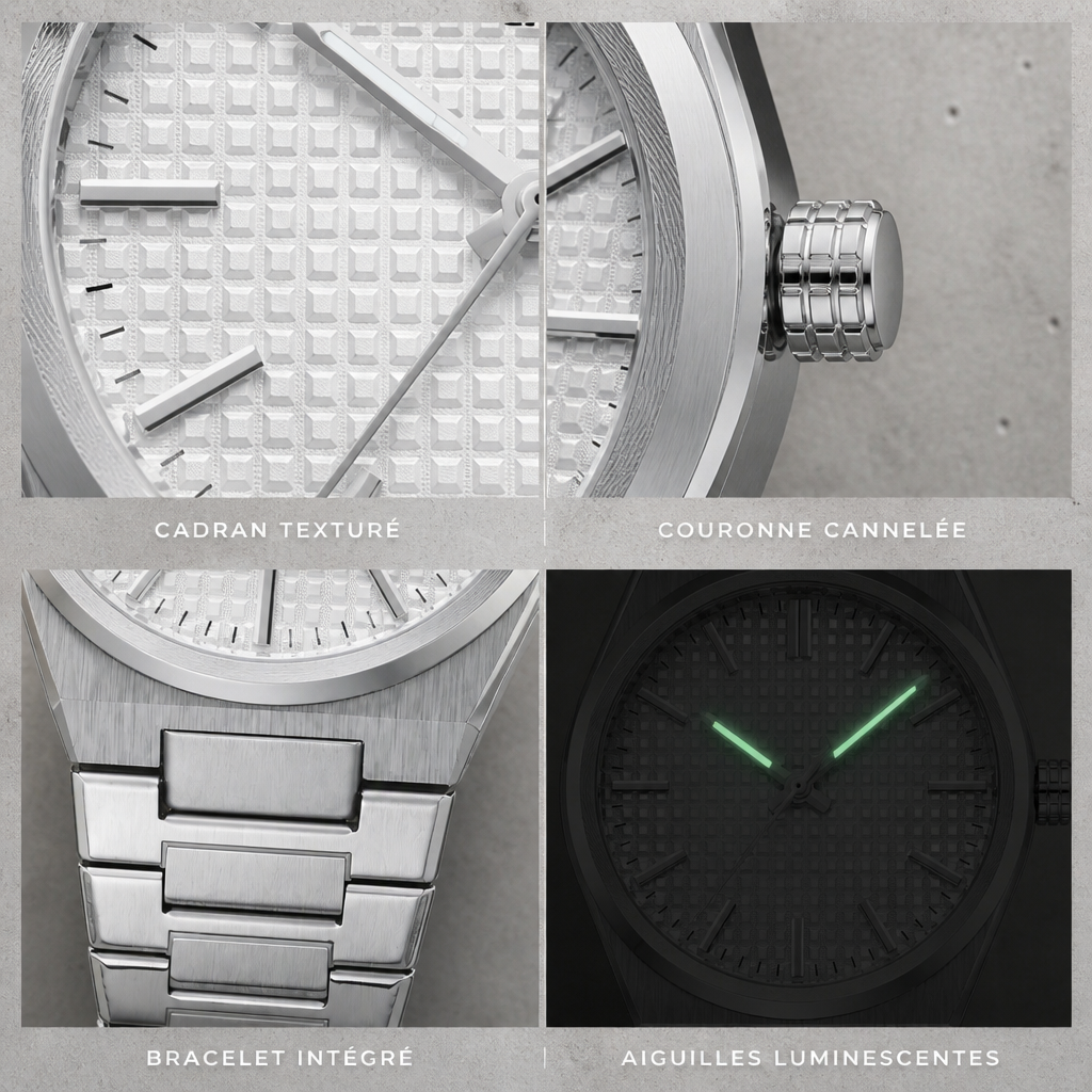 Détails de la montre homme : cadran texturé, couronne cannelée, bracelet intégré et aiguilles luminescentes