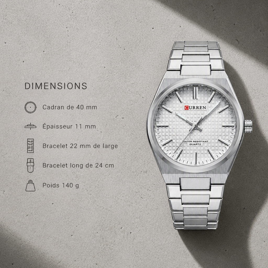 Dimensions de la montre à aiguilles homme : cadran, épaisseur, bracelet et poids