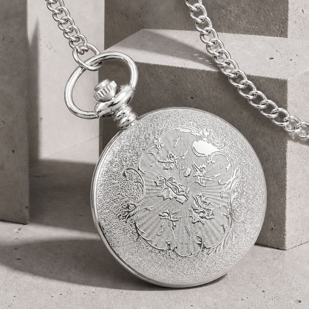 Dos gravé d'une montre à gousset argentée, médaillon floral en relief