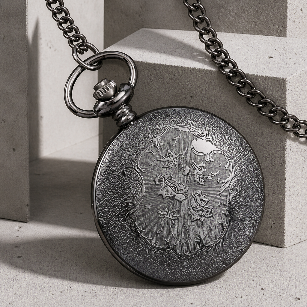 Dos gravé d'une montre à gousset noire, médaillon floral en relief