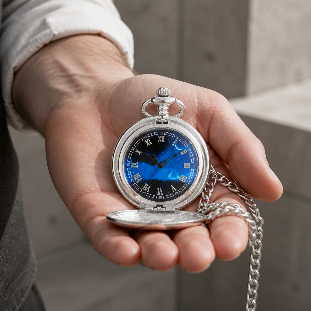 Montre à gousset argentée au cadran bleu étoilé, ouverte dans la paume d'un homme