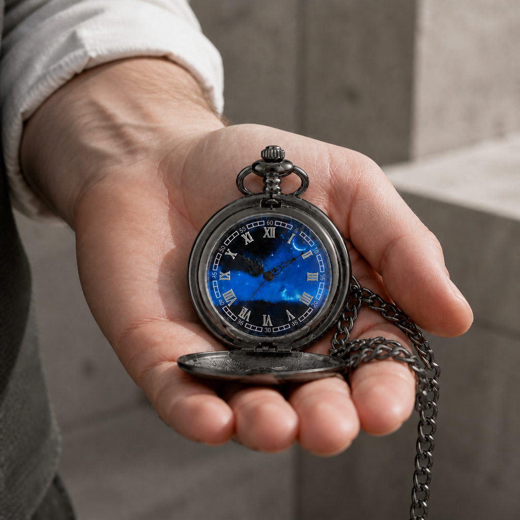 Montre à gousset noire au cadran bleu étoilé, ouverte dans la paume d'un homme
