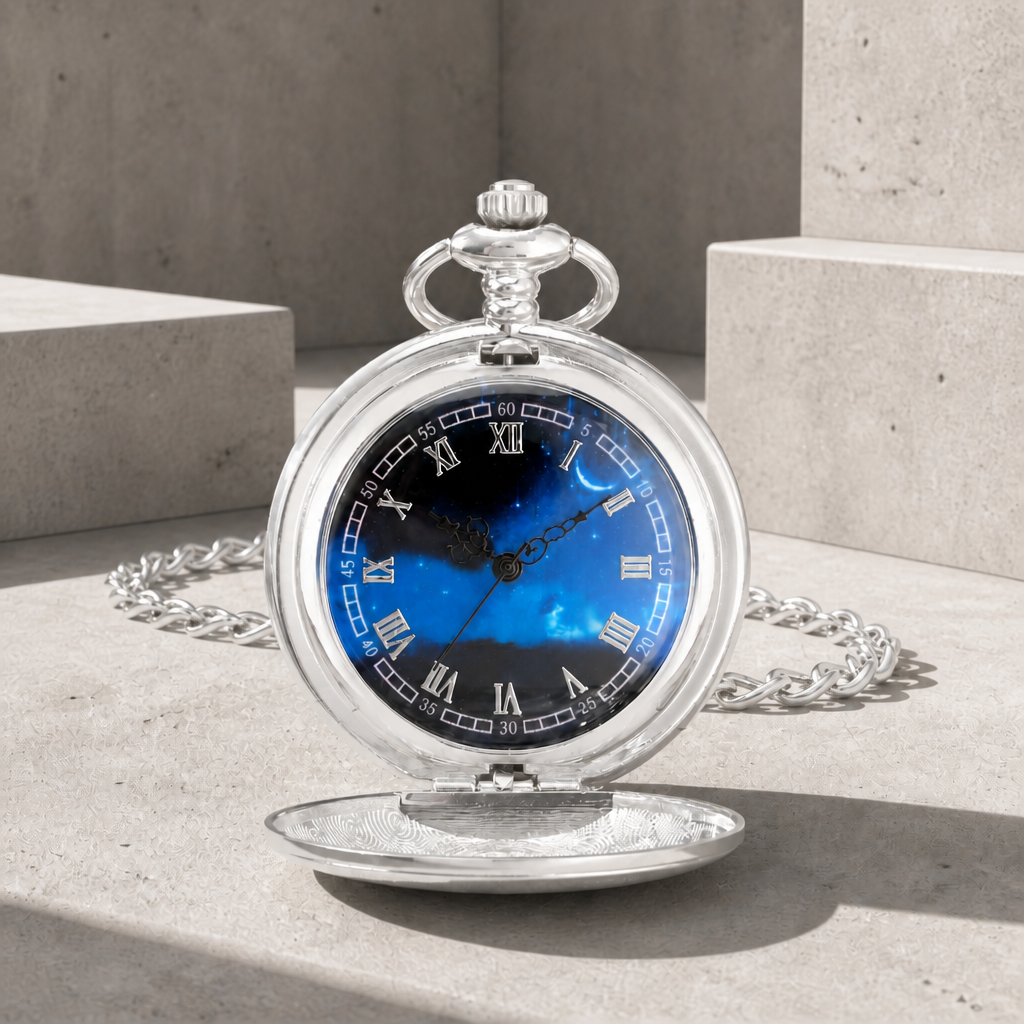 Montre à gousset argentée ouverte, cadran bleu étoilé à chiffres romains