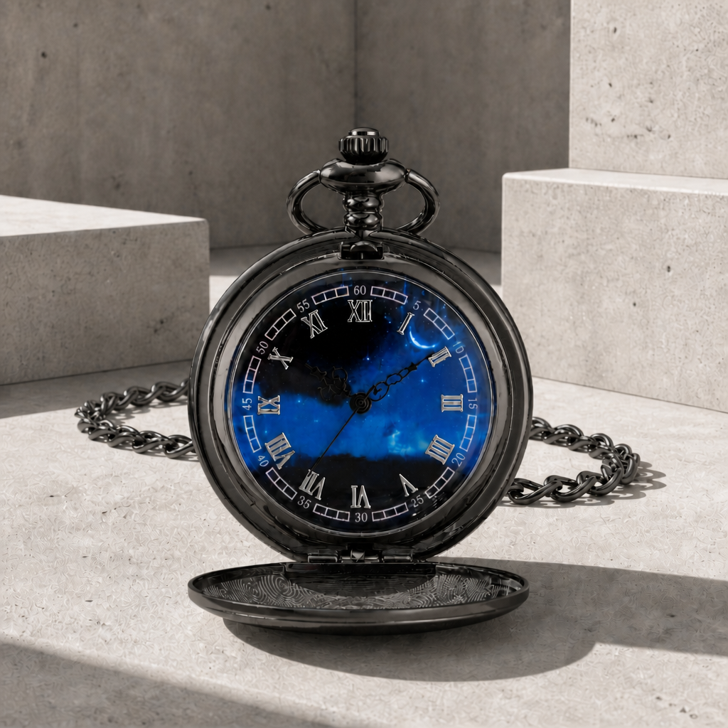 Montre à gousset noire ouverte, cadran bleu étoilé à chiffres romains