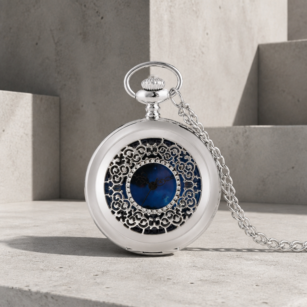 Montre à gousset homme argentée fermée, couvercle ajouré sur cadran bleu