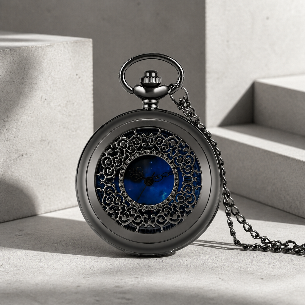 Montre à gousset homme noire fermée, couvercle ajouré sur cadran bleu