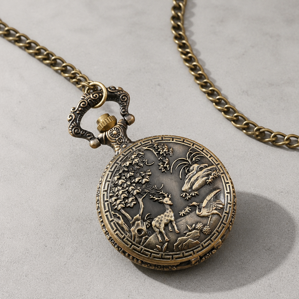 Montre à gousset chasse en bronze avec sa longue chaîne à maille gourmette