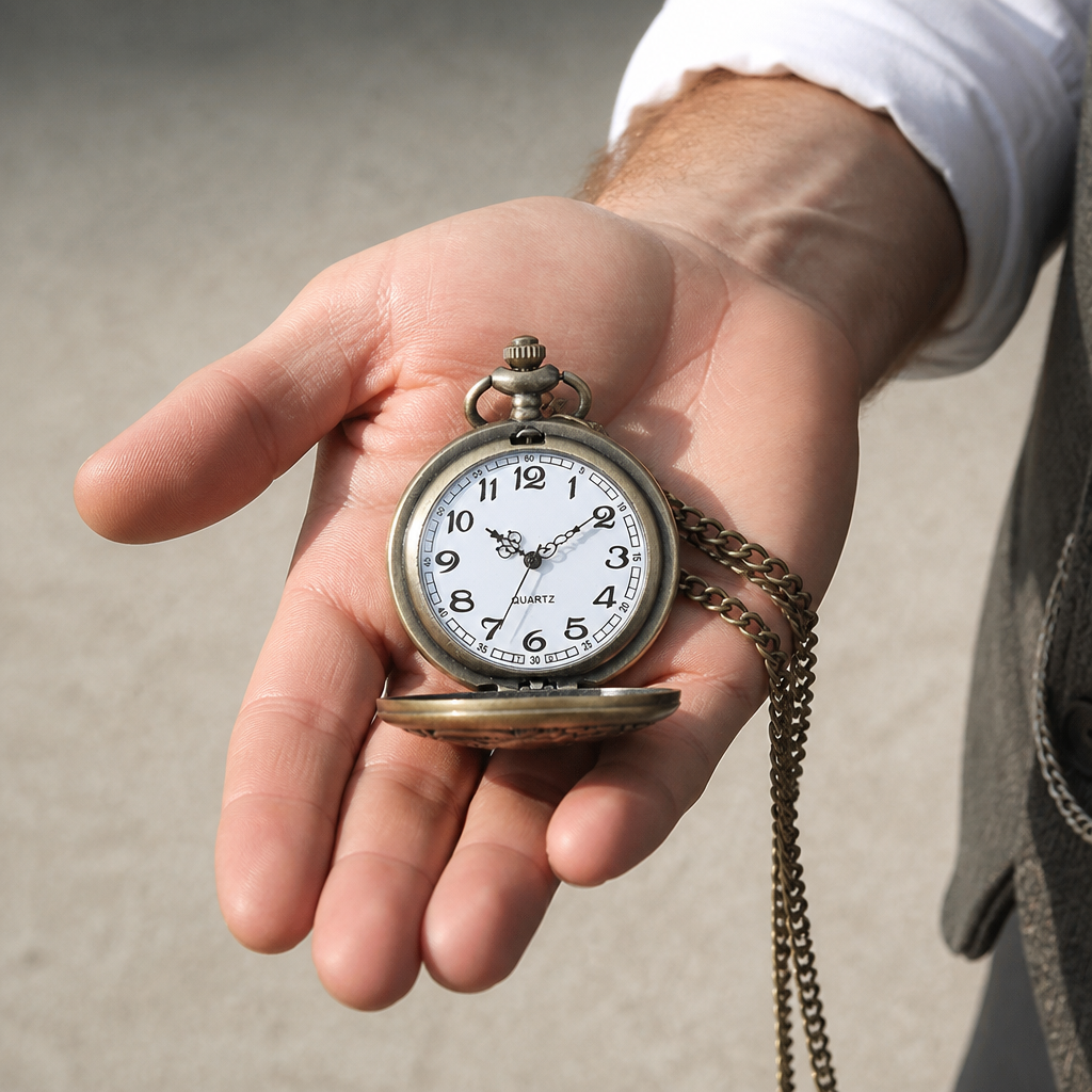 Montre à gousset chasse en bronze ouverte dans la paume d'un homme, cadran blanc visible