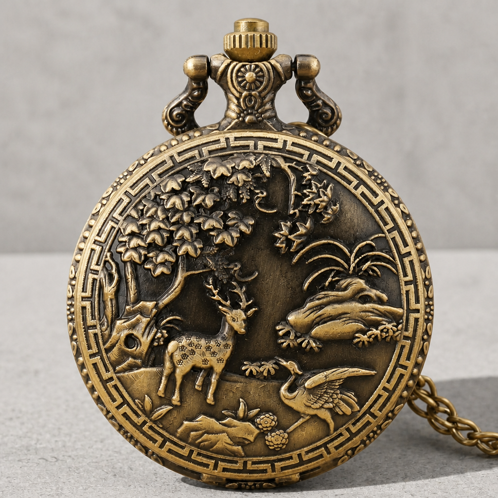 Couvercle de montre à gousset chasse sculpté d'un cerf sous un arbre en haut-relief