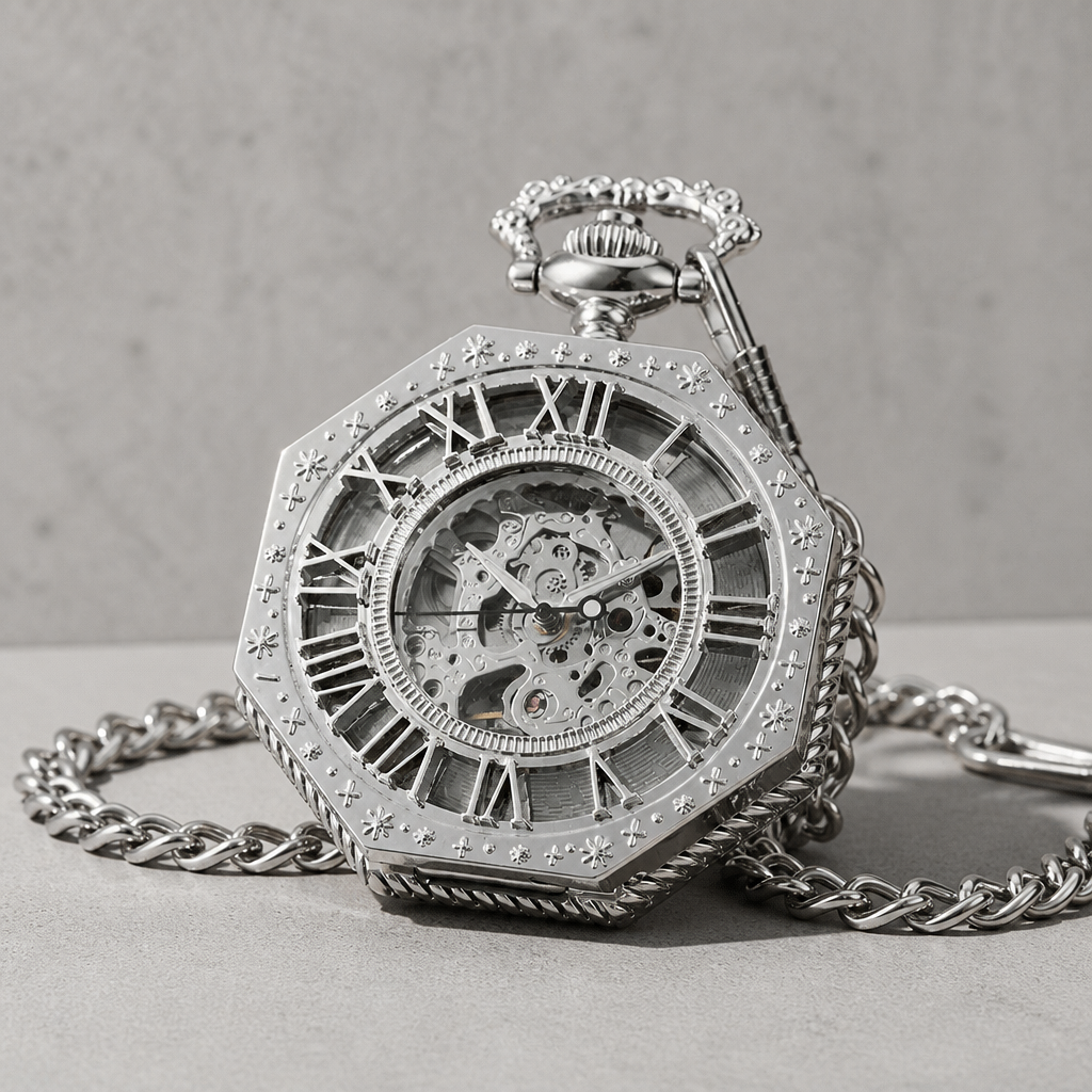 Montre à gousset mécanique squelette homme argent fermée, couvercle ajouré à chiffres romains