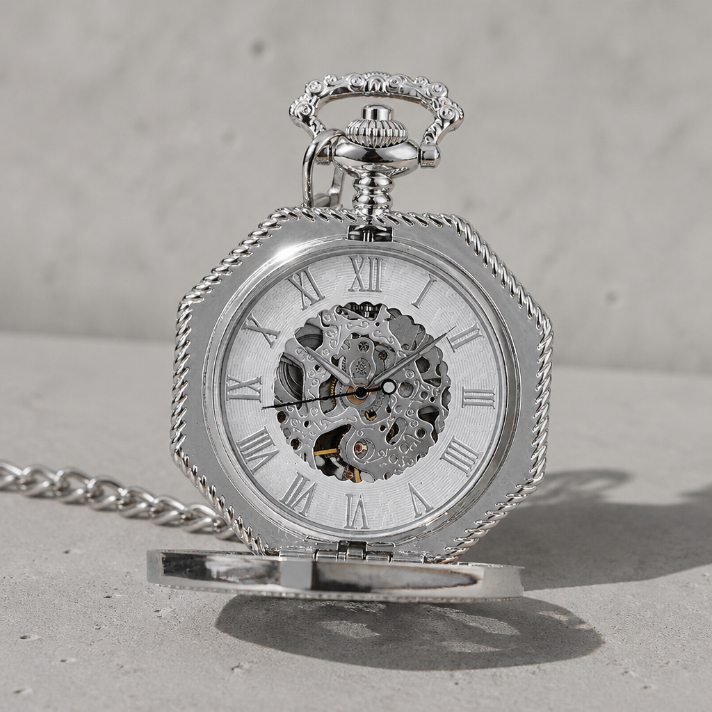 Montre à gousset mécanique squelette homme argent ouverte, cadran évidé sur le mouvement