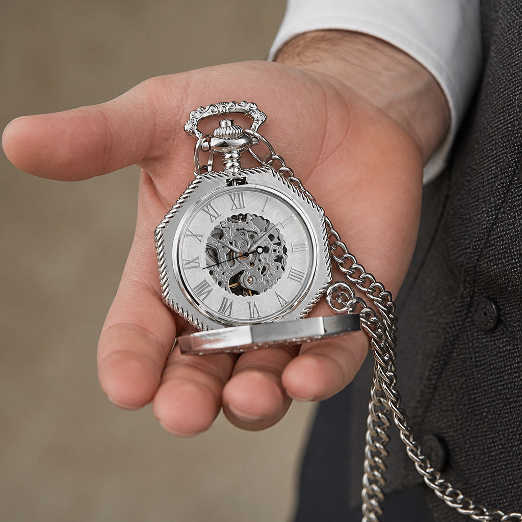 Montre à gousset mécanique squelette homme argent tenue ouverte dans la paume, modèle Casimir