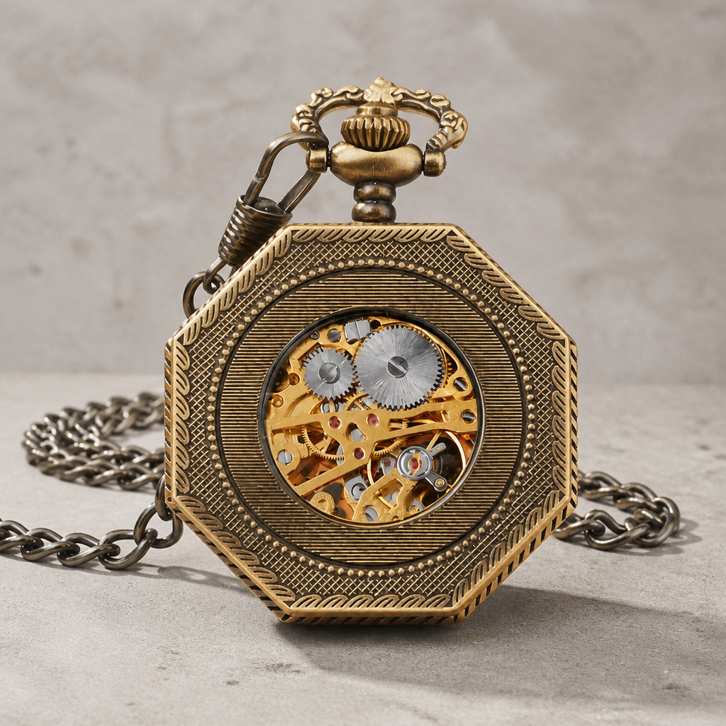 Fond vitré de la montre à gousset mécanique squelette homme bronze