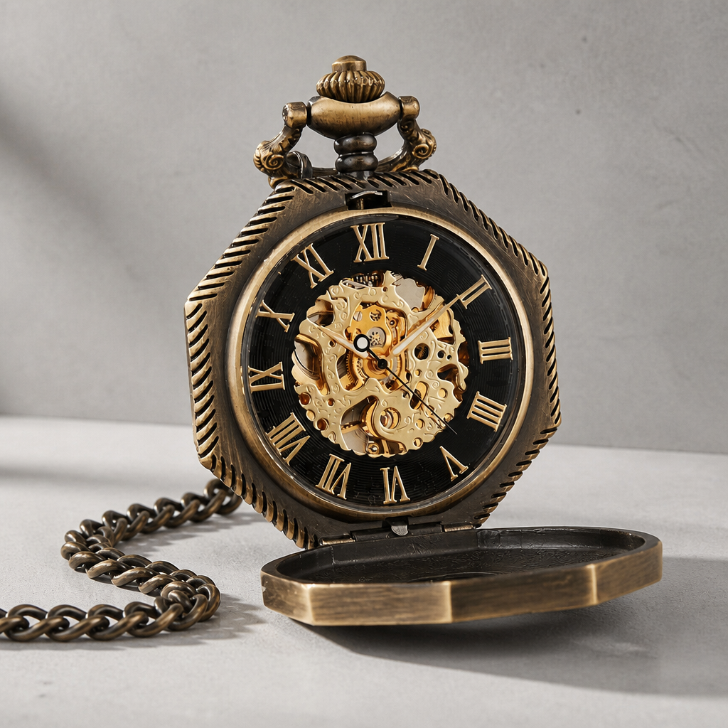 Montre à gousset mécanique squelette homme bronze ouverte, cadran noir et mouvement doré