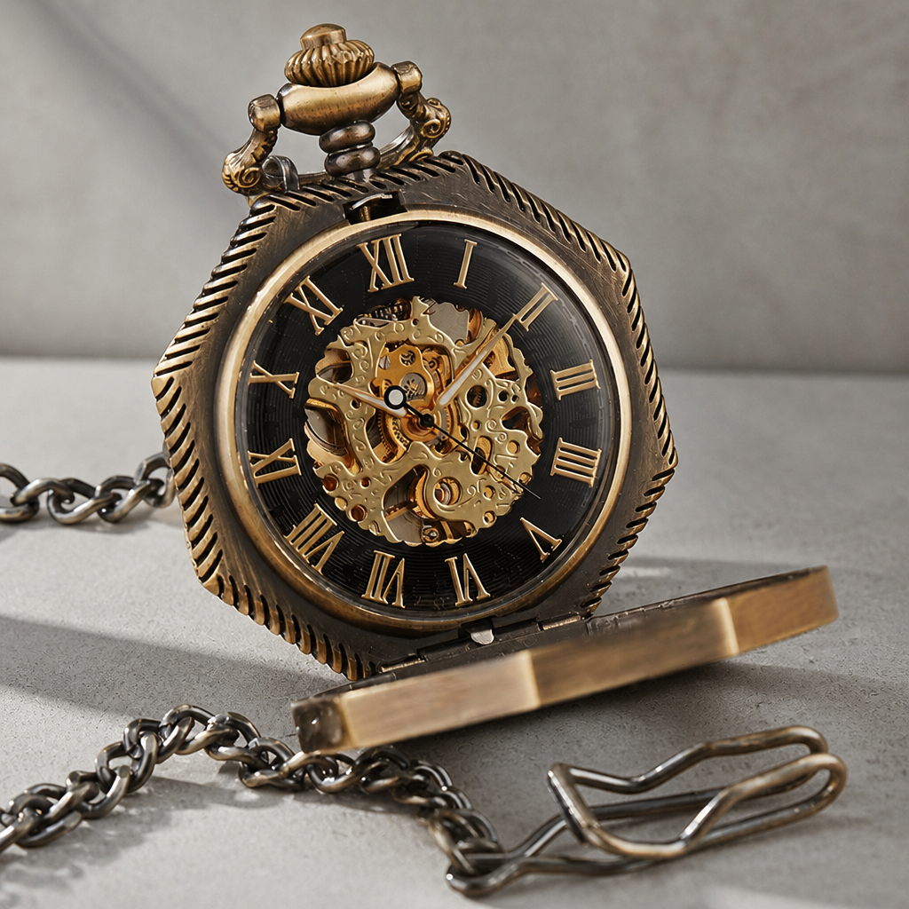 Montre à gousset mécanique homme avec sa chaîne fine et sa fourche de gilet