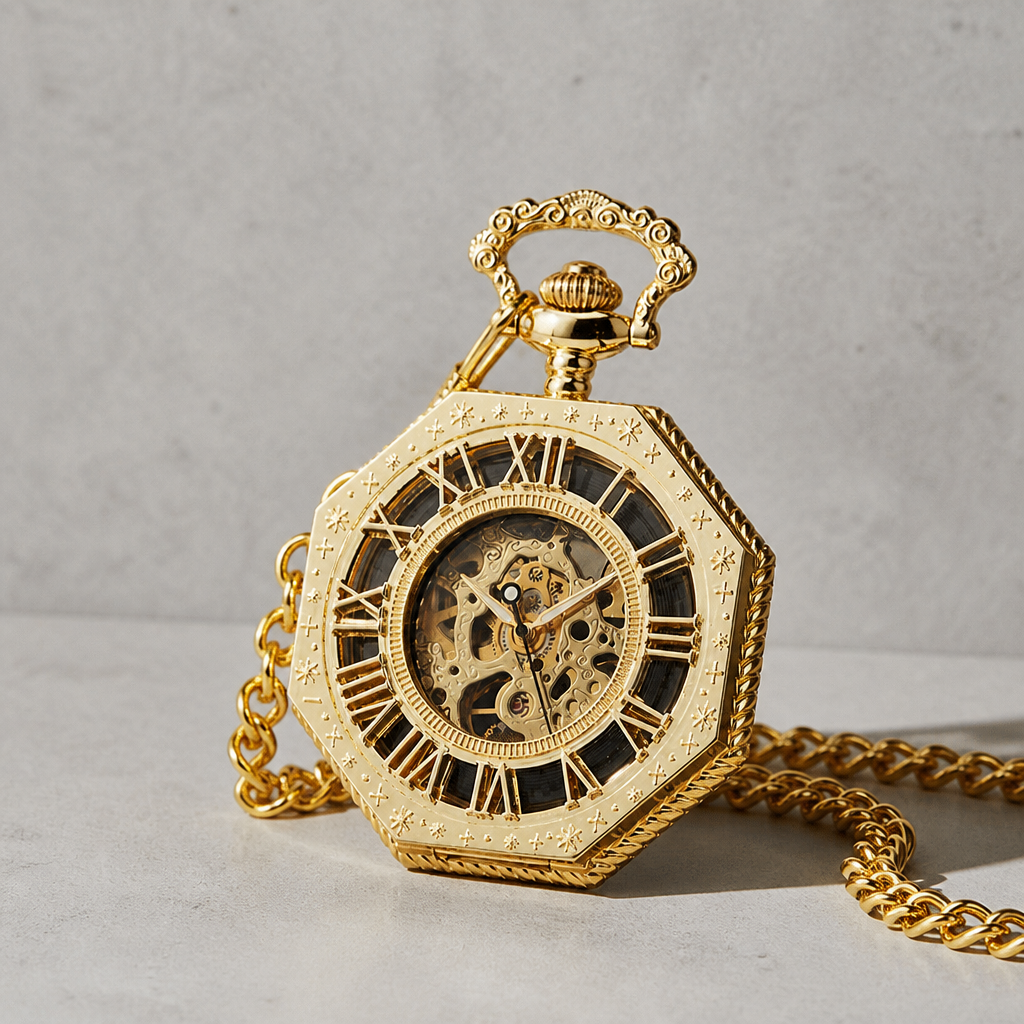 Montre à gousset mécanique squelette homme dorée fermée, couvercle ajouré à chiffres romains