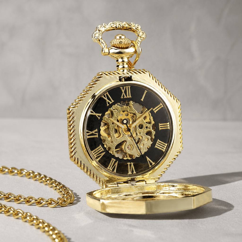 Montre à gousset mécanique squelette homme dorée ouverte, cadran noir et mouvement doré