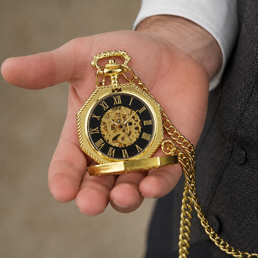 Montre à gousset mécanique squelette homme dorée tenue ouverte dans la paume, modèle Casimir