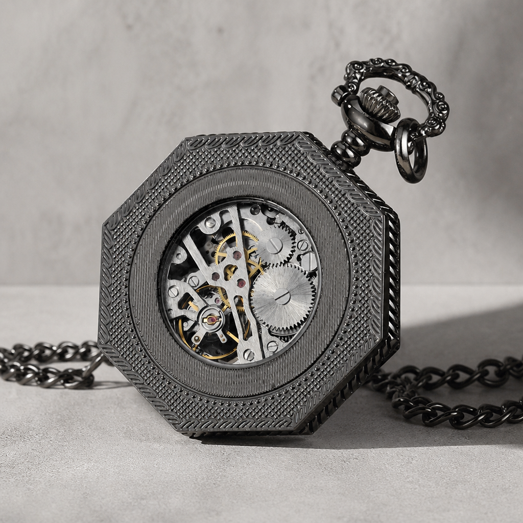 Fond vitré de la montre à gousset mécanique squelette homme noire