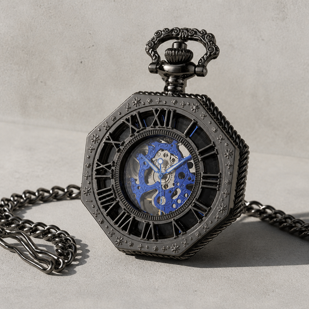 Montre à gousset mécanique squelette homme noire fermée, couvercle ajouré à chiffres romains