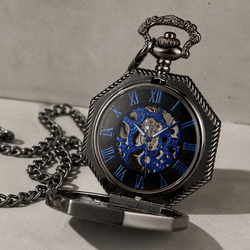 Montre à gousset mécanique squelette homme noire ouverte, cadran noir à chiffres romains bleus