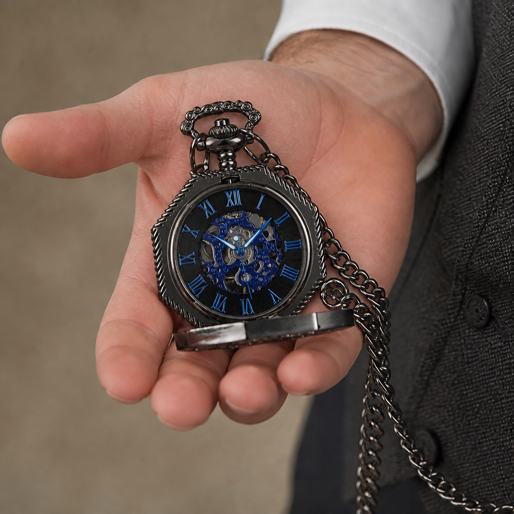 Montre à gousset mécanique squelette homme noire tenue ouverte dans la paume, modèle Casimir