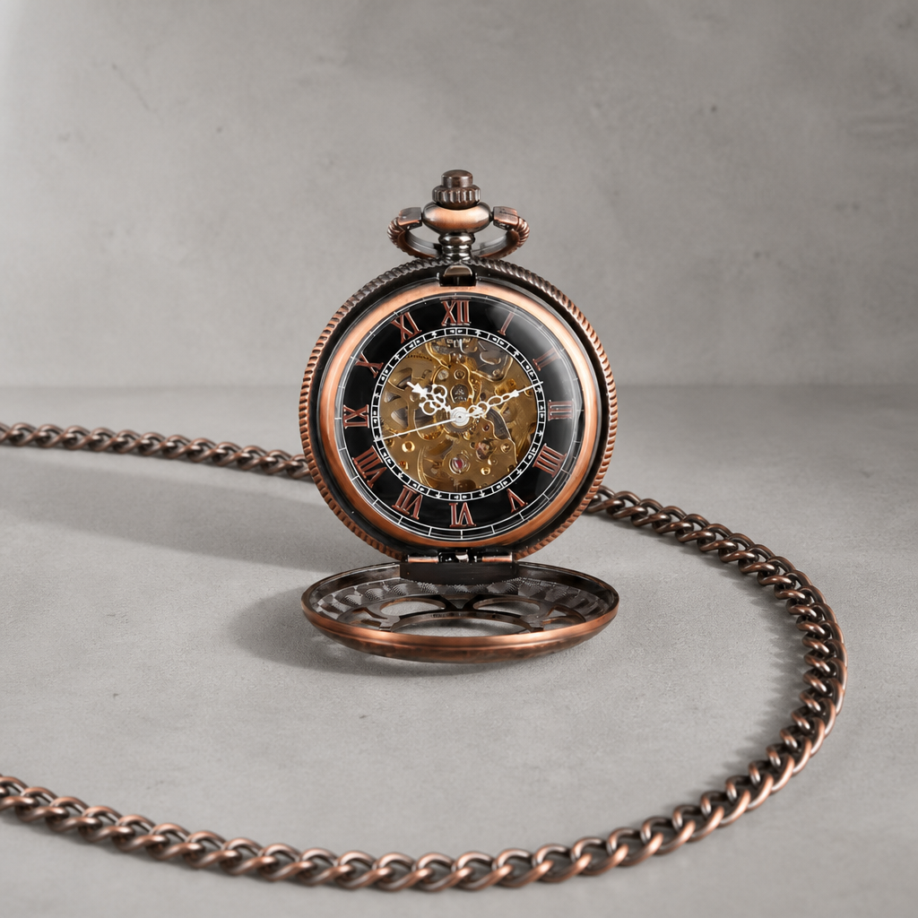 Montre à gousset mécanique or rose Isidore ouverte avec sa chaîne à grosse maille