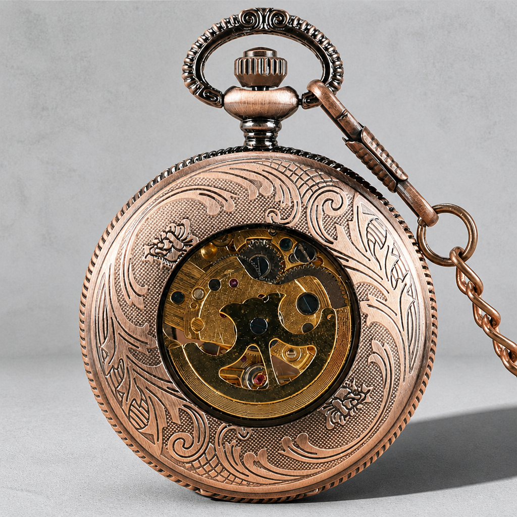 Fond gravé et hublot vitré sur le mouvement mécanique de la montre à gousset Isidore