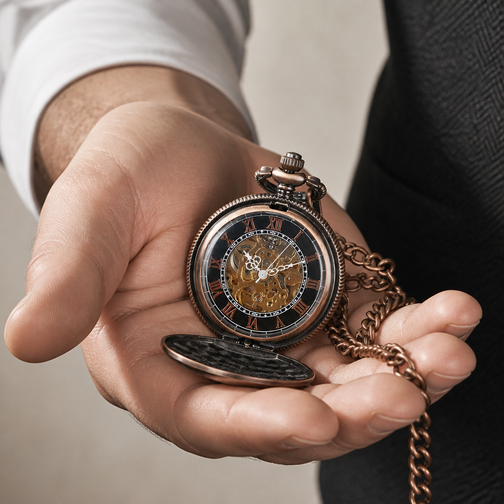 Montre à gousset mécanique squelette or rose Isidore ouverte dans la paume d'un homme