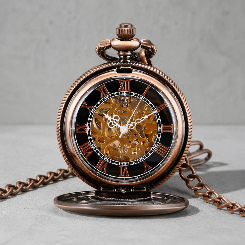 Cadran squelette à chiffres romains et mouvement doré de la montre à gousset Isidore