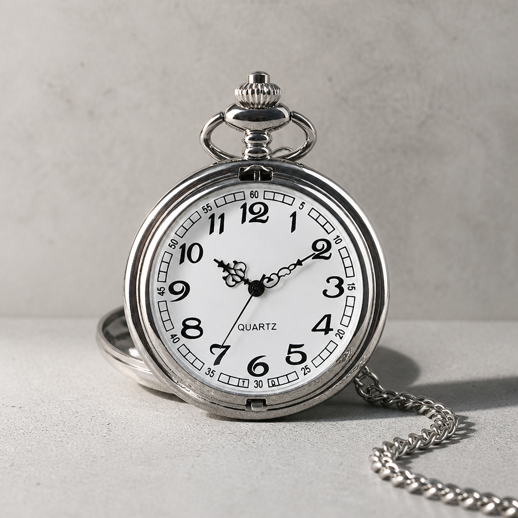 Montre à gousset moderne homme argent ouverte, cadran blanc à chiffres arabes